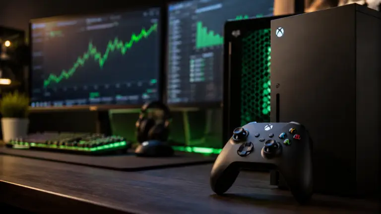 A professional gaming workspace featuring an Xbox controller and modern gaming hardware representing Xbox CEO Asha Sharma's long-term strategy amid Microsoft's gaming business transformation.