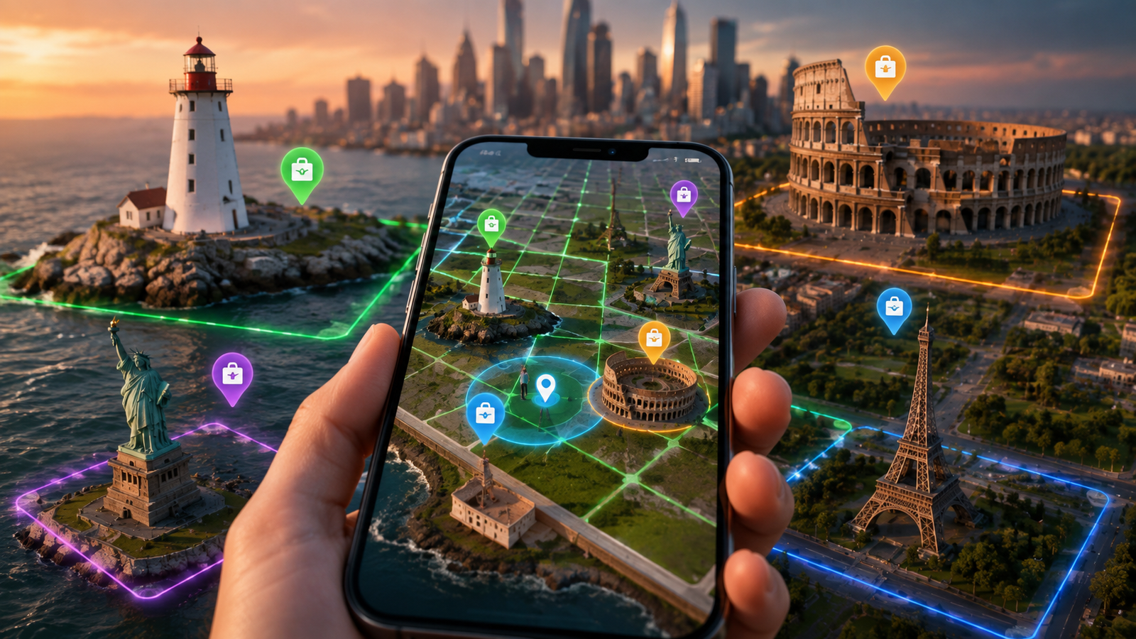 A realistic digital map displaying iconic real-world landmarks within a virtual mobile gaming environment representing Atlas: Earth Landmark Auctions.