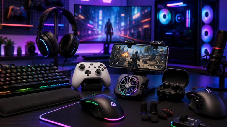 Gaming accessories including keyboard, mouse, headset, controller, and mobile gaming gadgets
