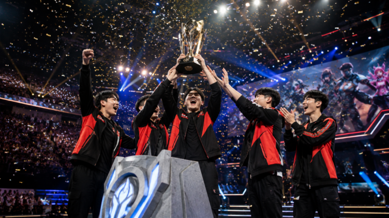 Kuaishou Gaming Honor of Kings players celebrating their 4-3 victory over AG.AL in the 2026 Honor of Kings World Cup final.