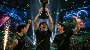 Team Falcons Rocket League players celebrating an esports championship as Dralii becomes the first three-time EWC champion.