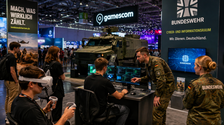 German Bundeswehr recruitment exhibit with gaming and cyber technology at Gamescom 2026