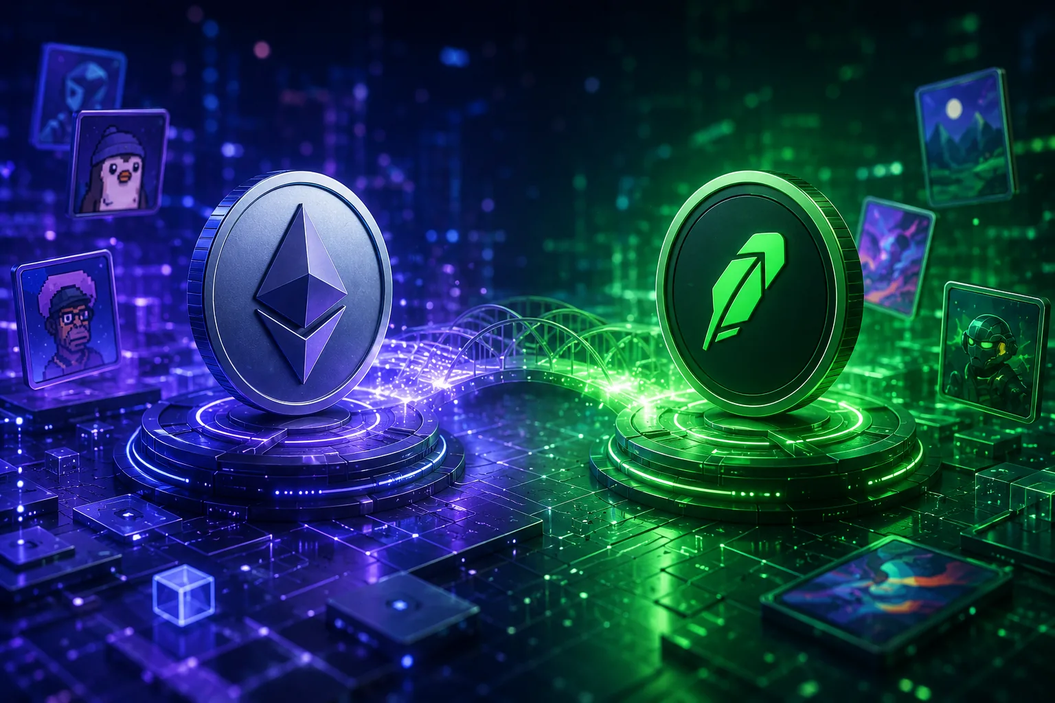 Robinhood Chain Makes NFT Debut After Briefly Surpassing Ethereum in Daily Trading, featuring Ethereum and Robinhood Chain coins surrounded by NFT artwork in a futuristic blockchain environment.