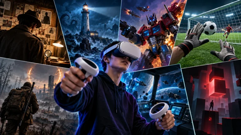 VR gamer surrounded by scenes representing new Quest, PS VR2 and PC VR games releasing in September 2026